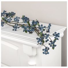 some blue berries are on top of a white mantle