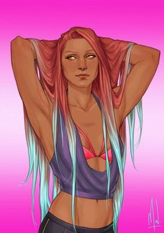 a drawing of a woman with pink hair and blue eyes, wearing a bra top