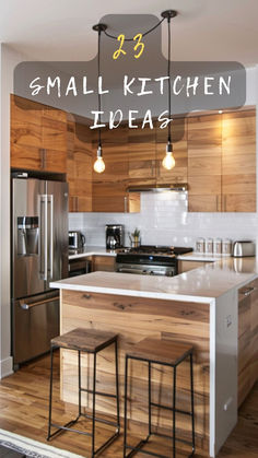 a kitchen with wooden cabinets and stainless steel appliances