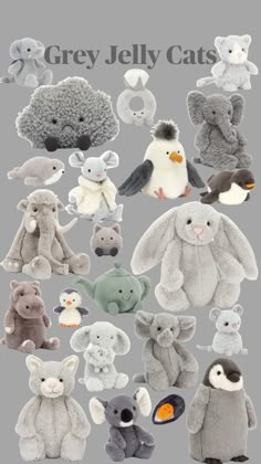 the grey jelly cats book is filled with stuffed animals and other plush animal toys, all in different colors