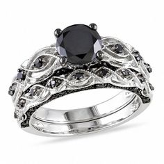 1-3/8 CT. T.W. Enhanced Black Diamond Vintage-Style Bridal Set in 10K White Gold Black Gold Ring Women, Swirl Engagement Ring Set, Black Diamond Bridal Set, Black And White Ring, Swirl Engagement Rings, Black Diamond Wedding Bands, Black Diamond Wedding Rings, Gothic Engagement Ring, Infinity Engagement Ring