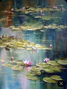 an oil painting of water lilies and lily pads