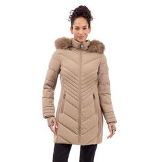 Stay warm in style with this Women's London Fog Faux Fur Trimmed Hooded Puffer Jacket. Click on this WOMEN'S GUIDE to find the perfect fit and more! Stay warm in style with this Women's London Fog Faux Fur Trimmed Hooded Puffer Jacket. Click on this WOMEN'S GUIDE to find the perfect fit and more! FEATURES Stand collar Stretch insets Woven construction 2 pockets Removable hood with faux-fur trim Zipper front Thumb holes at cuffs Fully linedFIT & SIZING Regular fit 34-in. length from shoulder to h Winter Parka With Faux Fur Lining And Down Material, Winter Down Outerwear With Faux Fur Lining, Fitted Hooded Parka With Faux Fur Trim, Winter Down Outerwear With Faux Fur Trim, Faux Fur Trim Down Outerwear For Cold Weather, Fitted Winter Parka With Faux Fur Trim, Cold Weather Outerwear With Faux Fur Trim, Winter Outerwear With Faux Fur Trim And Down, Down Outerwear With Faux Fur Trim For Cold Weather