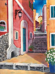 a painting of an alleyway with steps leading up to the building and flowers in pots