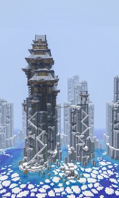 a very tall tower sitting in the middle of a blue and white ocean filled with buildings