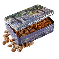 a tin filled with nuts sitting on top of a table