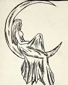 a drawing of a woman sitting on the moon