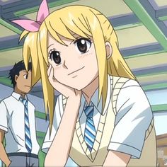 an anime character with long blonde hair wearing a tie and looking at the camera while two other characters stand behind her