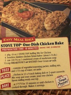 an advertisement for stovetop one - dish chicken bake in a basket with instructions