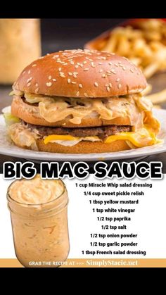 the big mac sauce recipe is shown on a plate with a hamburger in front of it