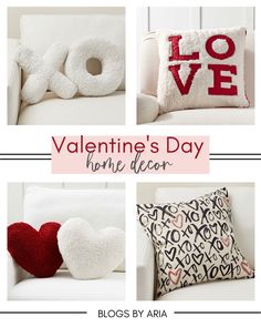 valentine's day home decor is featured in this collage with red and white pillows