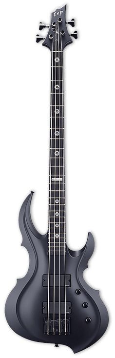 an electric guitar with black body and neck, in the shape of a fishbone