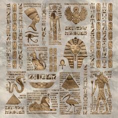 the egyptian symbols and their meanings are shown in gold on a white paper with black ink