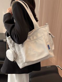 Blanco Casual,De moda Collar  Poliéster Liso Bolsa tote bandolera Embellished College Bag Ideas, College Student Bag, Back To School For Teens, Tote Bags For College, School Purse, School Shoulder Bag, University Bag, Shoulder Bag For School, School Bag College