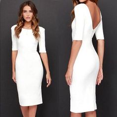 Fitted Bodycon Dress With Cutout Back, Stretch Backless Dress With Back Zipper, White Fitted Midi Dress For Club, Spring Stretch Backless Dress With Back Zipper, Stretch Backless Bodycon Dress With Back Opening, Elegant White Bodycon Backless Dress, White Low Back Dress For Night Out, Backless Bodycon Dress With Back Zipper, Fitted Backless Bodycon Dress With Back Zipper