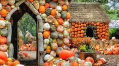 a house made out of pumpkins and gourds