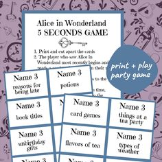 alice in wonderland printable party game with name tags and numbers for each player to play