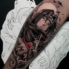 a man's arm with a tattoo on it and an image of a woman holding a knife