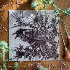 a drawing of a bird sitting on top of a wooden table next to some plants