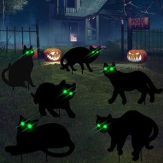 a group of cats that are in the grass with glowing lights on their heads and tails