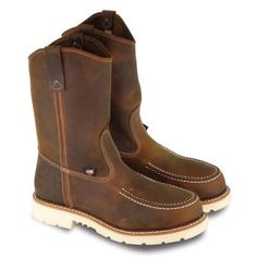 You've found the ultimate in comfort, support, and protection in our American Heritage 11 Trail Crazyhorse safety toe moc toe pull-on Wellington work boots. These slip-on steel toe boots go on easily, taking away a little of the stress and strain in your life. Plus, with no laces on the high composite shank, full-grain leather, and Goodyear welt construction, there's less risk of moisture getting into your boots. Inside, we've combined our cushioned insole and shock-absorbing footbed to give you Steel Toe Boots, Work Boots Men, Wellington Boots, Work Boot, Shoe Company, Toe Boots, Crazy Horse, Goodyear Welt, American Heritage