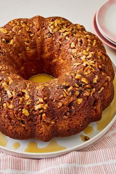 a bundt cake sitting on top of a yellow and white plate