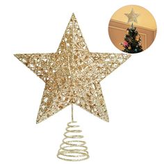 a christmas tree topper with a gold star on it and an image of a christmas tree in the background