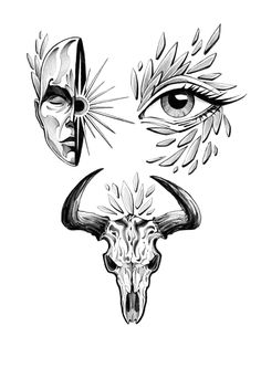 three different tattoos with skulls and horns on them