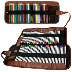 an open leather case with colored pencils in it and a brown bag on the side