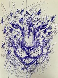 a drawing of a tiger's face is shown in blue ink on white paper