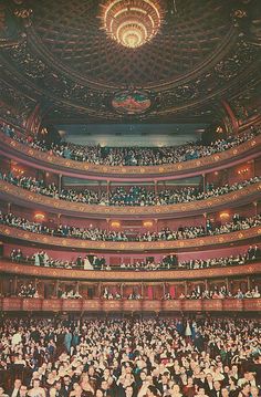 an auditorium full of people sitting and standing in the middle of it's rows