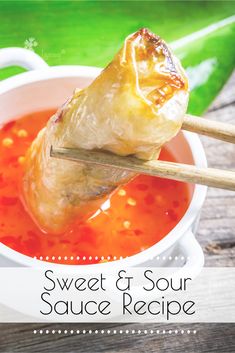 sweet and sour sauce recipe in a white bowl with chopsticks