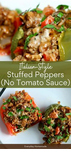 italian style stuffed peppers no tomato sauce on a white plate with the title above it