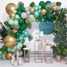 🌿 Transform Your Event into a Jungle Paradise! Celebrate in style with this stunning Jungle Green Balloon Garland Kit, perfect for safari-themed parties, birthdays, or tropical events. Create a vibrant, lush atmosphere with this easy-to-assemble decoration that's sure to wow your guests. 🎁 What's Included: Latex Balloons: 2 x 18-inch gold balloons 20 x 12-inch assorted green and Colored paper balloons 40 x 10-inch balloons in green, gold, and gray 45 x 5-inch balloons in green and gold Decorat Balloon Arch With Leaves, Arc Ballons Decoration, Green Balloon Garland, Party Balloon Arch, Golden Balloons, Artificial Palm Leaves, Paper Balloon, Forest Party, Balloon Arch Kit