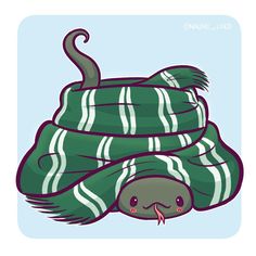 a green and white striped scarf with a worm sticking out of it's mouth