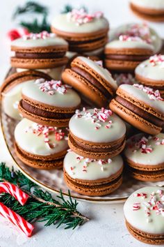 a plate full of cookies with white frosting and sprinkles