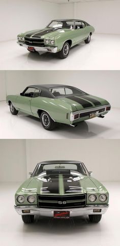 three different views of an old muscle car