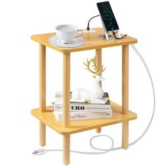 a small wooden table with a phone on it