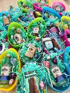 several baskets filled with candy and confection items