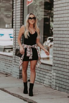 Black Bodycon Dress Outfit Fall, Flannel Tied Around Waist Outfit, Vegas Fall Outfit Ideas, Black Dress With Flannel, Vegas Outfit Ideas Fall, Day To Night Outfit Summer, Booties With Dress, Outfits With Flannels, Bootie Outfits