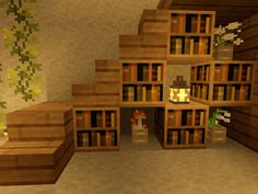 Minecraft Small Indoor Decor, Cute Staircase Ideas Minecraft, Minecraft Two Story House Interior, Aesthetic Minecraft Staircase, Chiseled Bookshelf Minecraft, Minecraft Upstairs Ideas, Minecraft House Fireplace, Minecraft Reading Corner, Cute Minecraft Builds Easy Outside