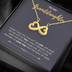 FREE WORLDWIDE SHIPPING ON ALL ORDERS! Granddaughter is a precious jewel that we cherish in heart forever, celebrate her every special occasion, and remind her of that your loves forever. Heart shaped infinity symbol as a symbol of never-ending love. Made with high quality polished surgical steel. Available in 14K White Gold finish or 18K Yellow Gold, comes with luxury gift box. #birthday #graduation #wedding #highschool #christmas #sweet16 Infinity Symbol, Infinity Necklace, Precious Jewels, Luxury Gift Box, Message Card, Beautiful Gift Boxes, Gold Finish, Heart Shapes, Gift Box