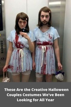 two people dressed up as zombies taking pictures in the mirror with their cell phones and text that reads, these are the creative halloween couples costumes we've been looking for