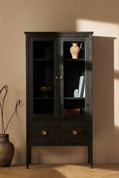 a wooden cabinet with glass doors and drawers in the corner next to a potted plant