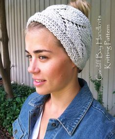 This listing is for the downloadable knitting pattern to create the Laurel Head Wrap.  This versatile design knits up quickly using one skein of luxury wool/silk blend yarn (150 yards), divided into two balls and knit with two strands of yarn held together, on size 9 (5.5mm) straight needles.  Alternately, a chunky weight yarn is suggested for you as well, should you want to knit using just one strand.  The head wrap looks great buttoned at the back under a high ponytail or up-do, and also turned with the button to the side of your face.  The openwork forms branch-like tracings around the wrap, making this fall-inspired design elegant enough for women, but fun for teens as well. Suitable for intermediate knitters, this is a fun and fast holiday gift to keep or to give. Pattern pdf is avail Earwarmer Knitting Patterns, Head Warmers, Chunky Knit Headband, Sewing Crochet, Chunky Knitting Patterns, High Ponytail, Pattern Store, Knitting Gift, Online Pattern