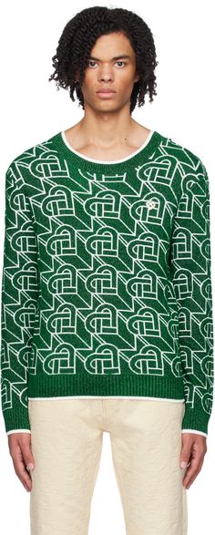 Jacquard knit viscose- and nylon-blend sweater. Logo graphic pattern and metallic thread detailing throughout. · Striped rib knit crewneck, hem, and cuffs · Enameled logo graphic hardware at chest Supplier color: Green Casablanca Clothing, Monogram Sweater, Heart Monogram, Green Heart, Jacquard Knit, Knit Crewneck, Metallic Thread, Green Sweater, Graphic Patterns