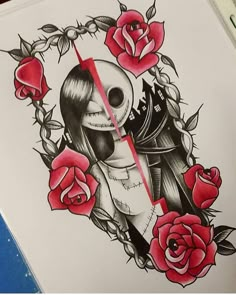 a drawing of a skeleton with roses on it's face and behind the clock