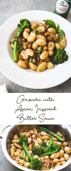 broccoli, mushrooms and butter sauce in a white bowl with the words gnocchi