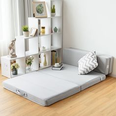 a day bed is shown in front of a bookcase with books on it and various vases