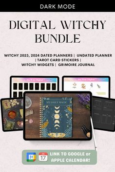 the dark mode digital witchy bundle is shown with an apple calendar, tablet and other items